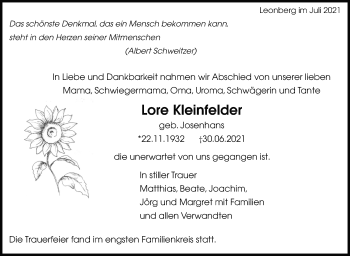 Traueranzeige von Lore Kleinfelder von Leonberger Kreiszeitung / Strohgäu Extra