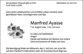 Traueranzeige von Manfred Ayasse von Leonberger Kreiszeitung / Strohgäu Extra