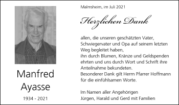 Traueranzeige von Manfred Ayasse von Leonberger Kreiszeitung / Strohgäu Extra