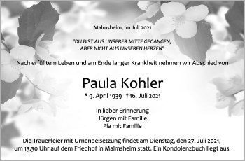 Traueranzeige von Paula Kohler von Leonberger Kreiszeitung / Strohgäu Extra