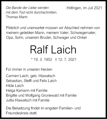 Traueranzeige von Ralf Laich von Leonberger Kreiszeitung / Strohgäu Extra