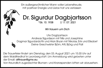 Traueranzeige von Sigurdur Dagbjartsson von Leonberger Kreiszeitung / Strohgäu Extra