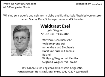Traueranzeige von Waldtraut Ezel von Leonberger Kreiszeitung / Strohgäu Extra