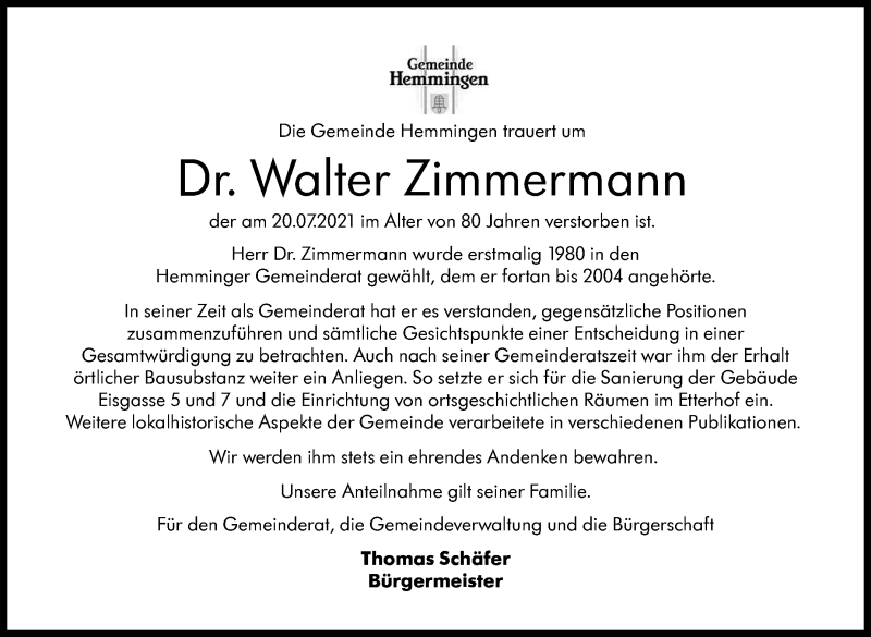  Traueranzeige für Walter Zimmermann vom 31.07.2021 aus Leonberger Kreiszeitung / Strohgäu Extra