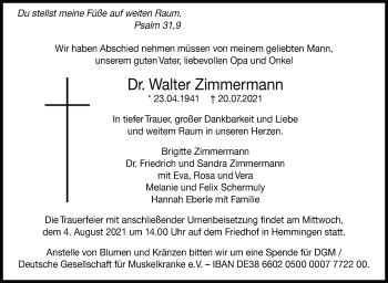 Traueranzeige von Walter Zimmermann von Leonberger Kreiszeitung / Strohgäu Extra