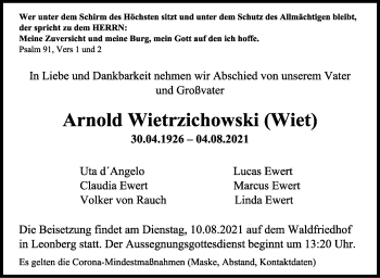 Traueranzeige von Arnold Wietrzichowski von Leonberger Kreiszeitung / Strohgäu Extra