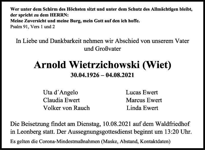  Traueranzeige für Arnold Wietrzichowski vom 07.08.2021 aus Leonberger Kreiszeitung / Strohgäu Extra