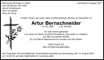 Traueranzeige von Artur Bernschneider von Leonberger Kreiszeitung / Strohgäu Extra