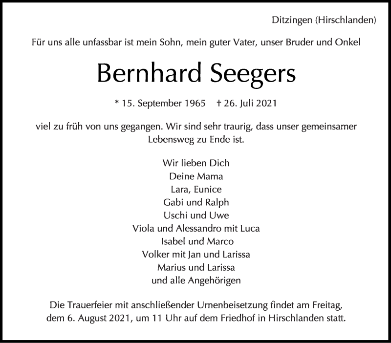  Traueranzeige für Bernhard Seegers vom 04.08.2021 aus Leonberger Kreiszeitung / Strohgäu Extra