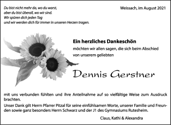 Traueranzeige von Dennis Gerstner von Leonberger Kreiszeitung / Strohgäu Extra