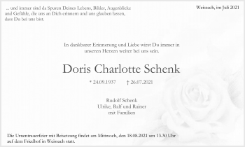 Traueranzeige von Doris Charlotte Schenk von Leonberger Kreiszeitung / Strohgäu Extra