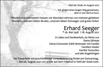 Traueranzeige von Erhard Seeger von Leonberger Kreiszeitung / Strohgäu Extra