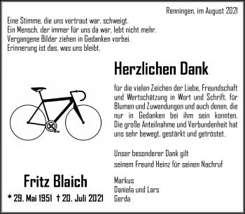 Traueranzeige von Fritz Blaich von Leonberger Kreiszeitung / Strohgäu Extra