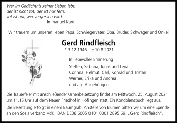 Traueranzeige von Gerd Rindfleisch von Leonberger Kreiszeitung / Strohgäu Extra