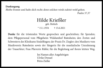Traueranzeige von Hilde  Krießler von Leonberger Kreiszeitung / Strohgäu Extra