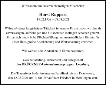 Traueranzeige von Horst Ruppert von Leonberger Kreiszeitung / Strohgäu Extra