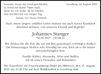 Traueranzeige von Johannes Stanger von Leonberger Kreiszeitung / Strohgäu Extra