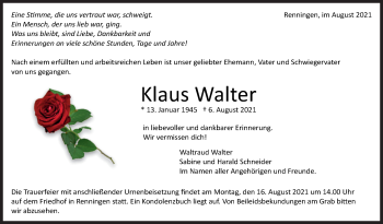 Traueranzeige von Klaus Walter von Leonberger Kreiszeitung / Strohgäu Extra