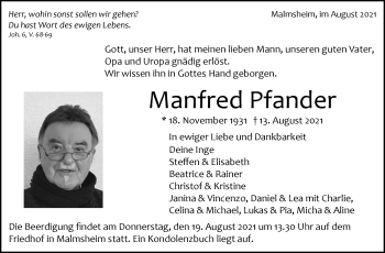 Traueranzeige von Manfred Pfander von Leonberger Kreiszeitung / Strohgäu Extra