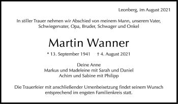 Traueranzeige von Martin Wanner von Leonberger Kreiszeitung / Strohgäu Extra