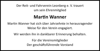 Traueranzeige von Martin Wanner von Leonberger Kreiszeitung / Strohgäu Extra