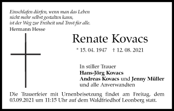 Traueranzeige von Renate Kovacs von Leonberger Kreiszeitung / Strohgäu Extra