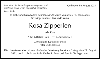 Traueranzeige von Rosa Zipperlen von Leonberger Kreiszeitung / Strohgäu Extra