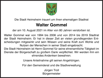 Traueranzeige von Walter Gommel von Leonberger Kreiszeitung / Strohgäu Extra