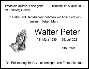 Traueranzeige von Walter Peter von Leonberger Kreiszeitung / Strohgäu Extra