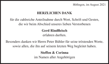 Traueranzeige von Gerd Rindfleisch von LEONBERGER KREISZEITUNG / STROHGÄU EXTRA