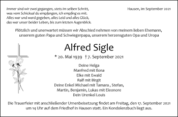 Traueranzeige von Alfred Sigle von Leonberger Kreiszeitung / Strohgäu Extra
