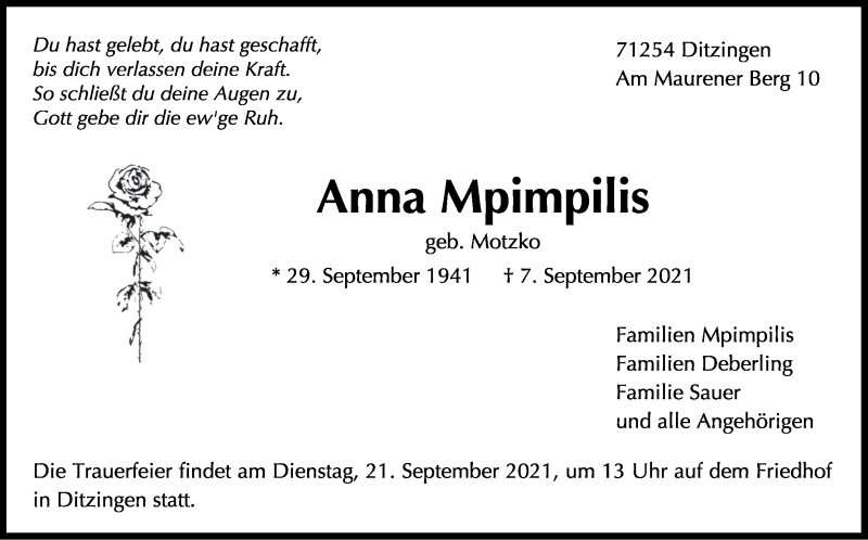  Traueranzeige für Anna Mpimpilis vom 14.09.2021 aus Leonberger Kreiszeitung / Strohgäu Extra