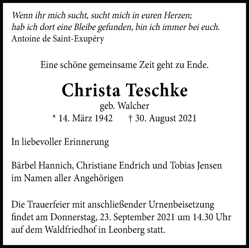  Traueranzeige für Christa Teschke vom 04.09.2021 aus Leonberger Kreiszeitung / Strohgäu Extra