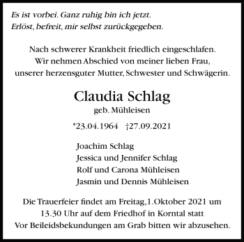Traueranzeige von Claudia Schlag von Leonberger Kreiszeitung / Strohgäu Extra