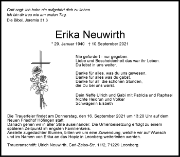 Traueranzeige von Erika Neuwirth von Leonberger Kreiszeitung / Strohgäu Extra
