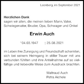Traueranzeige von Erwin Auch von Leonberger Kreiszeitung / Strohgäu Extra