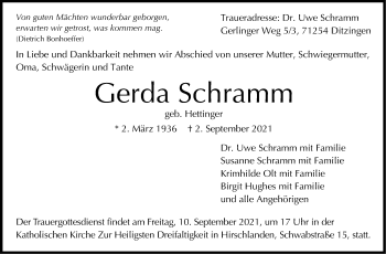 Traueranzeige von Gerda Schramm von Leonberger Kreiszeitung / Strohgäu Extra