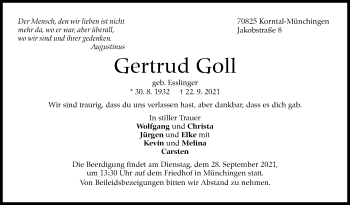 Traueranzeige von Gertrud Goll von Leonberger Kreiszeitung / Strohgäu Extra