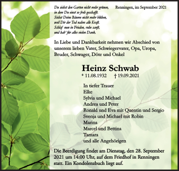 Traueranzeige von Heinz Schwab von Leonberger Kreiszeitung / Strohgäu Extra