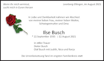 Traueranzeige von Ilse Busch von Leonberger Kreiszeitung / Strohgäu Extra