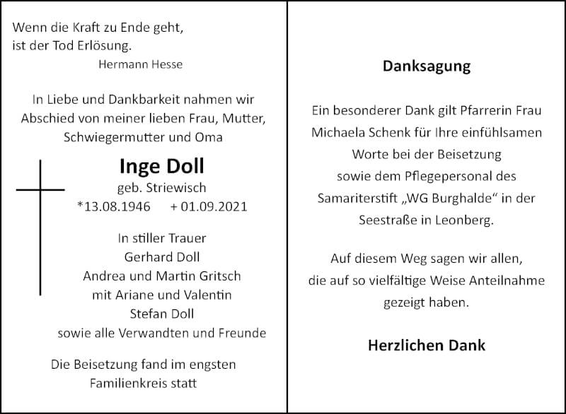  Traueranzeige für Inge Doll vom 18.09.2021 aus Leonberger Kreiszeitung / Strohgäu Extra