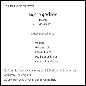 Traueranzeige von Ingeborg Schiele von Leonberger Kreiszeitung / Strohgäu Extra