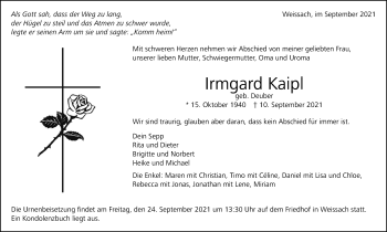 Traueranzeige von Irmgard Kaipl von Leonberger Kreiszeitung / Strohgäu Extra