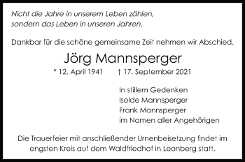 Traueranzeige von Jörg Mannsperger von Leonberger Kreiszeitung / Strohgäu Extra