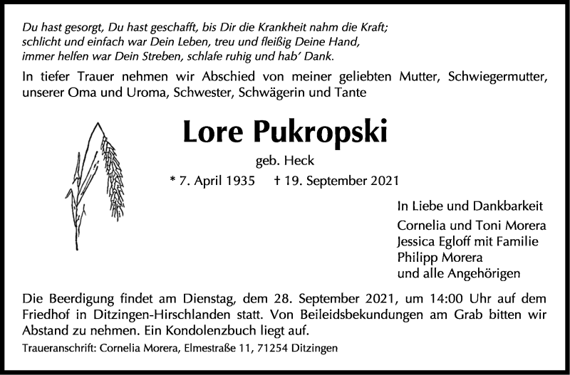  Traueranzeige für Lore Pukropski vom 23.09.2021 aus Leonberger Kreiszeitung / Strohgäu Extra