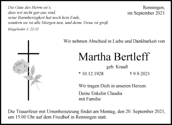 Traueranzeige von Martha Bertleff von Leonberger Kreiszeitung / Strohgäu Extra