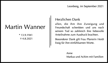 Traueranzeige von Martin Wanner von Leonberger Kreiszeitung / Strohgäu Extra