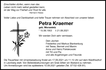 Traueranzeige von Petra Kraemer von Leonberger Kreiszeitung / Strohgäu Extra