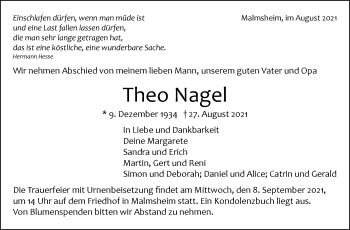 Traueranzeige von Theo Nagel von Leonberger Kreiszeitung / Strohgäu Extra
