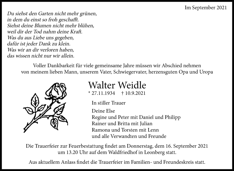  Traueranzeige für Walter Weidle vom 14.09.2021 aus Leonberger Kreiszeitung / Strohgäu Extra